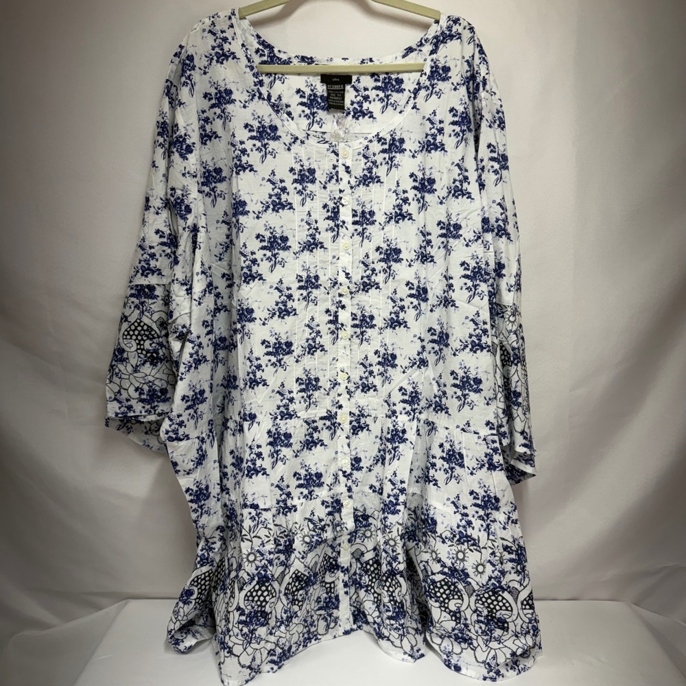 Ellos Blue White Floral Cotton Pintuck Tunic Top 5X Boho Lightweight